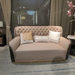 White and Brown Leather Sofa Set with Button Tufting Craftsmanship, Natural Wood Veneer & Gold Stainless Steel Trim